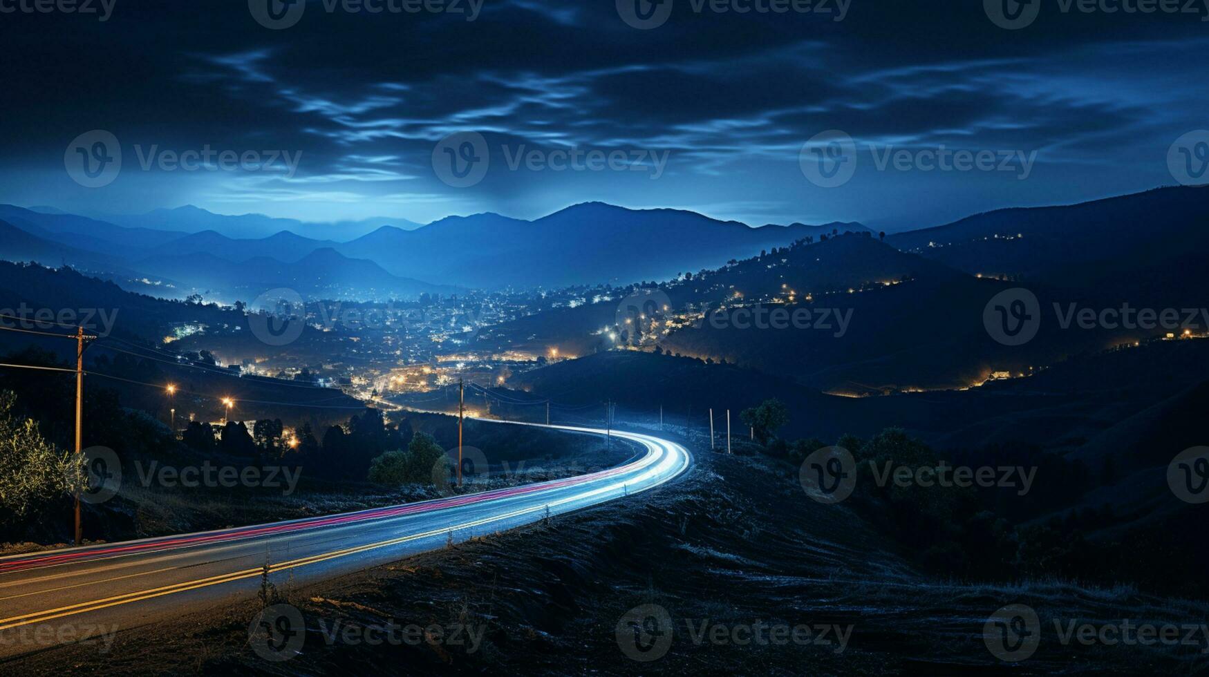 Colorful Car Light Trails, long exposure photo At Night, AI Generative
