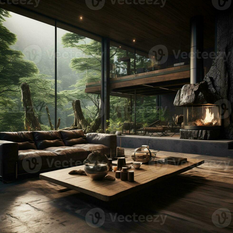 Interior Design, Living room with serene nature view, Beautiful mansion design in the forest, AI Generative photo