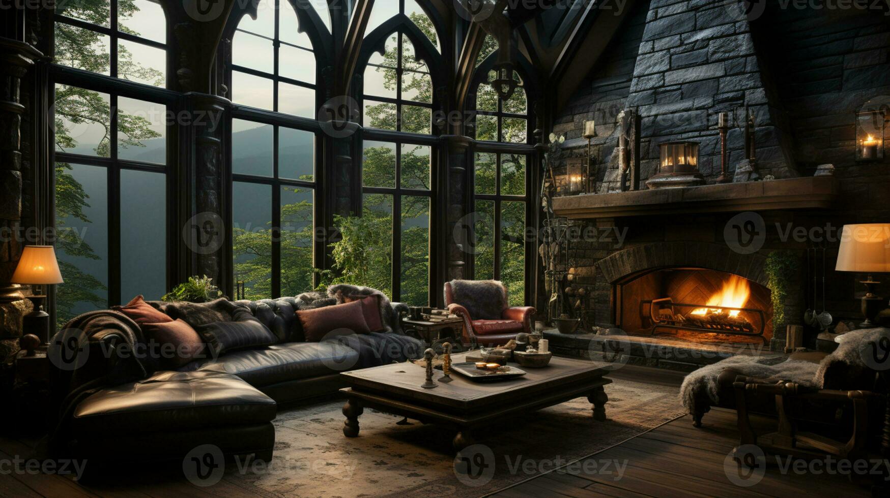 Interior Design, Beautiful Living room Gothic Style, Luxury Mansion, Elegant tall window, AI Generative photo