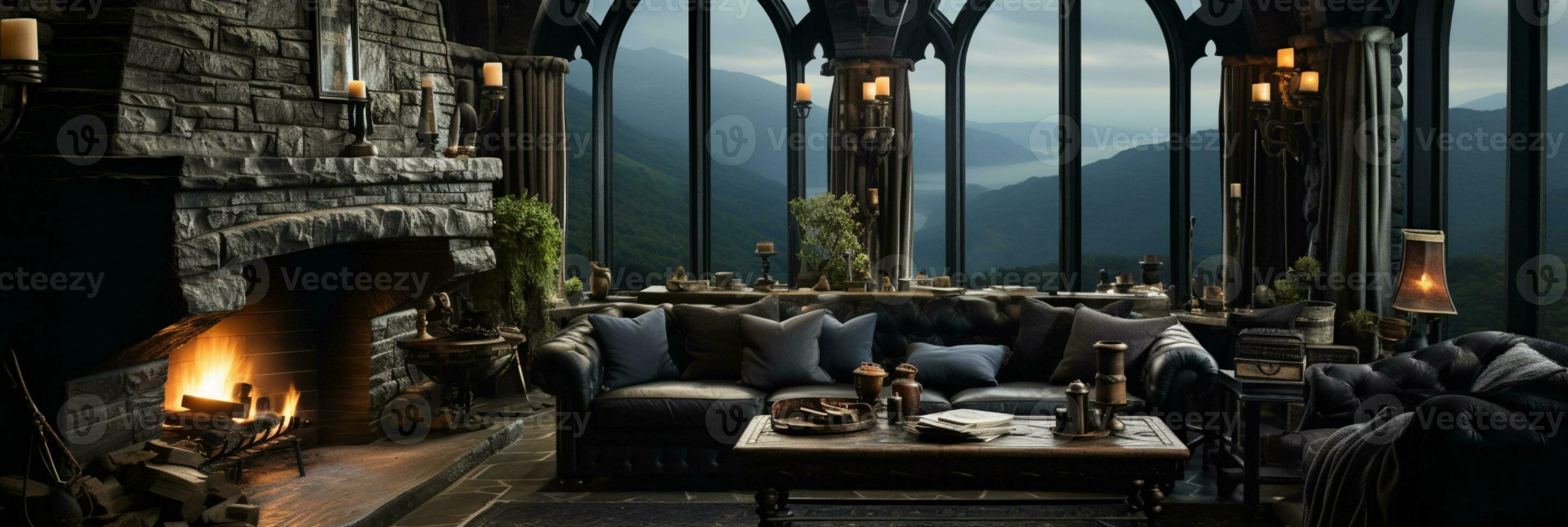 Interior Design, Beautiful Living room Gothic Style, Luxury Mansion, Elegant tall window, AI Generative photo