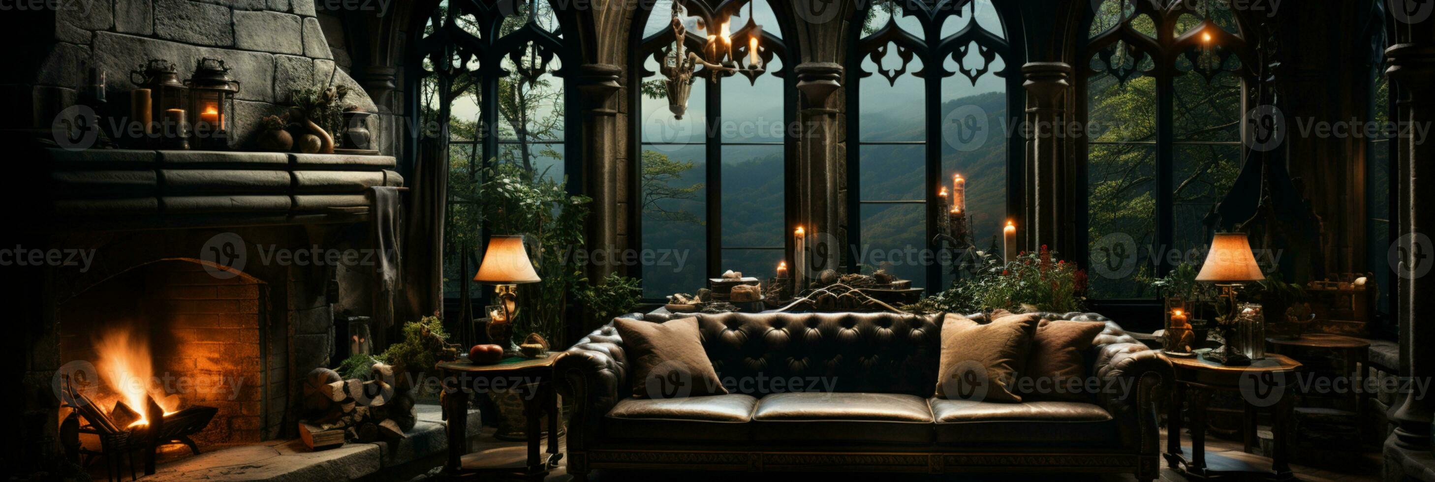 Interior Design, Beautiful Living room Gothic Style, Luxury Mansion, Elegant tall window, AI Generative photo