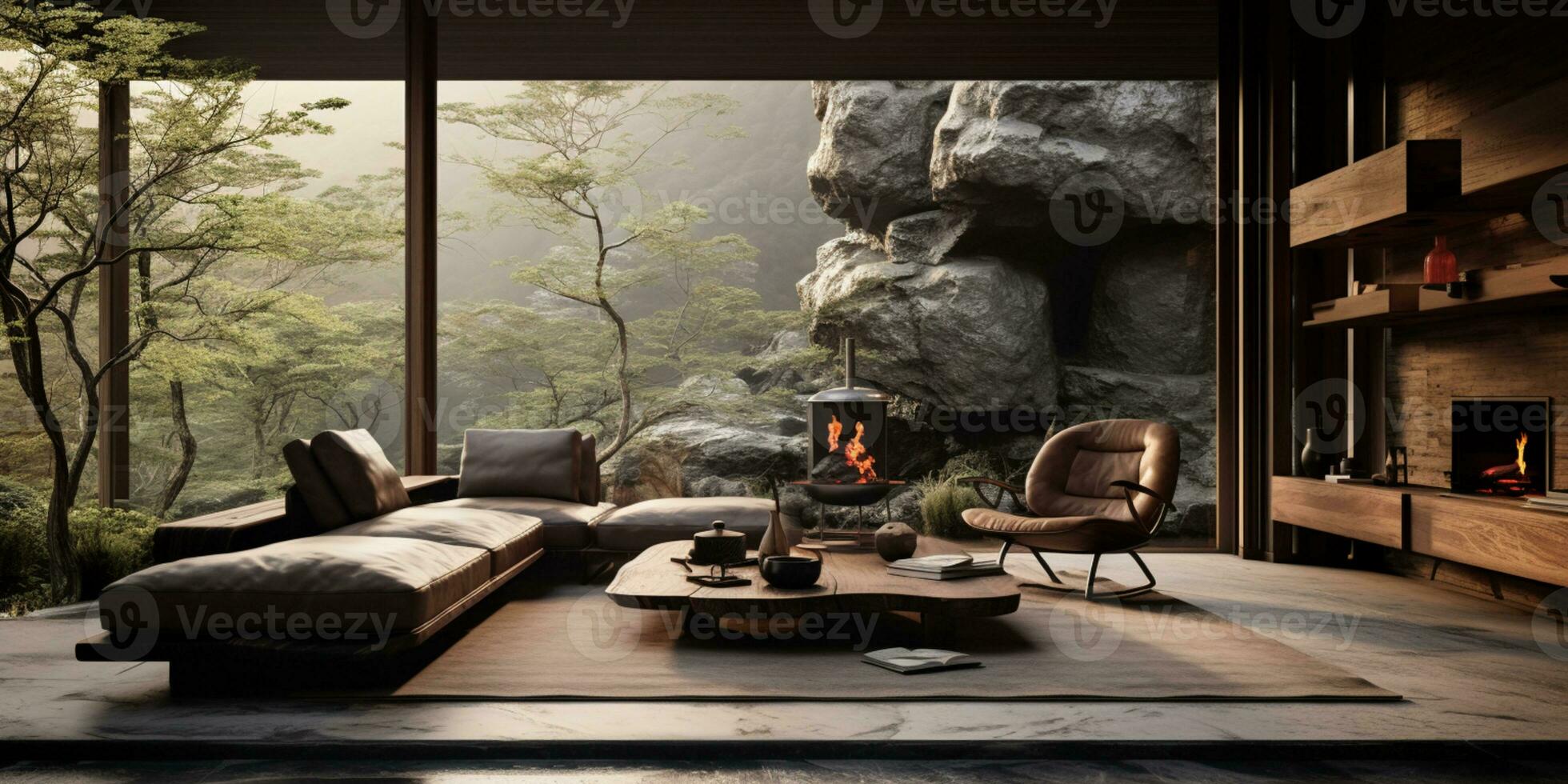Interior Design, Living room with serene nature view, Beautiful mansion design in the forest, AI Generative photo