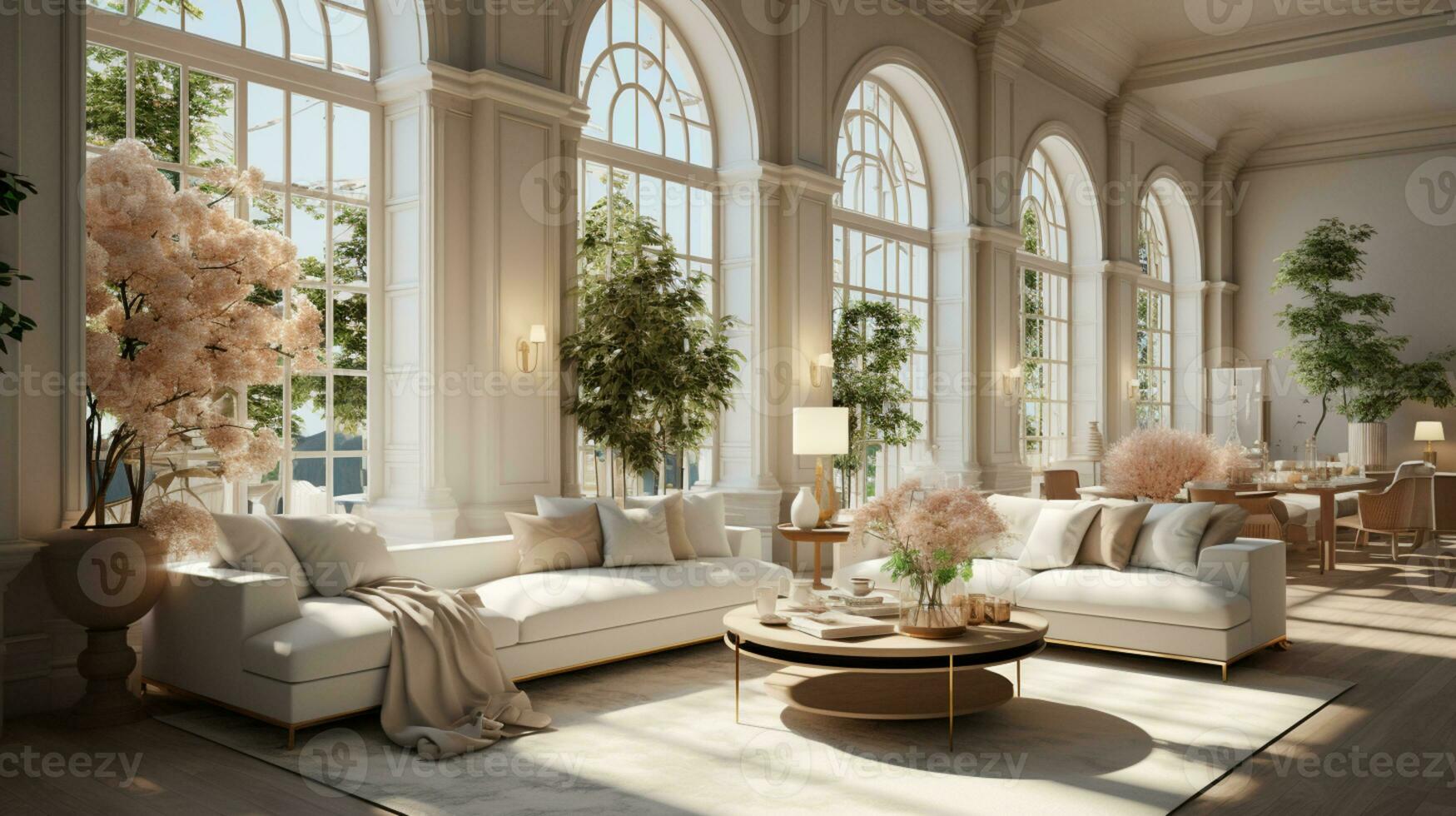 Interior Design Luxurious modern Living room, minimal tall window, Cozy sofa, serene nature scenery, Elegant villa, AI Generative photo
