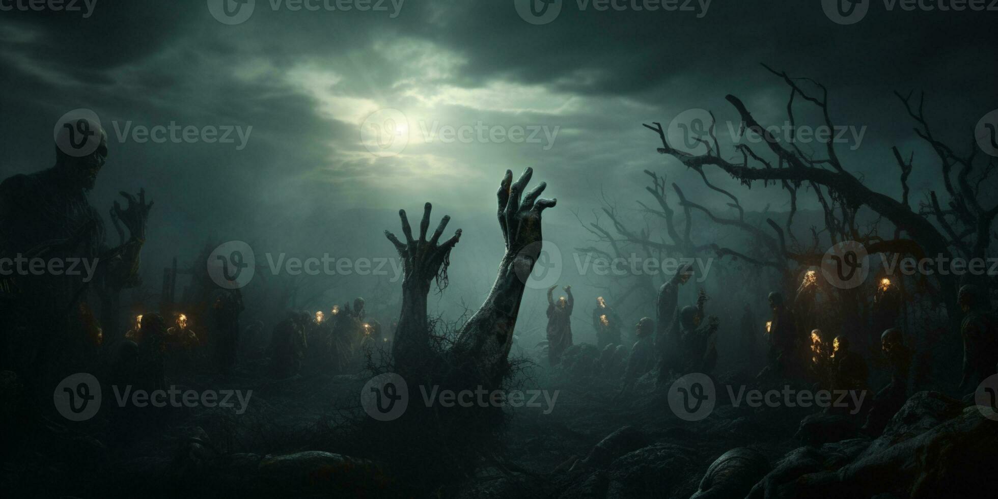 Ghost scenery Halloween background, Zombie Apocalypse, scary haunted cemetery, AI Generative photo