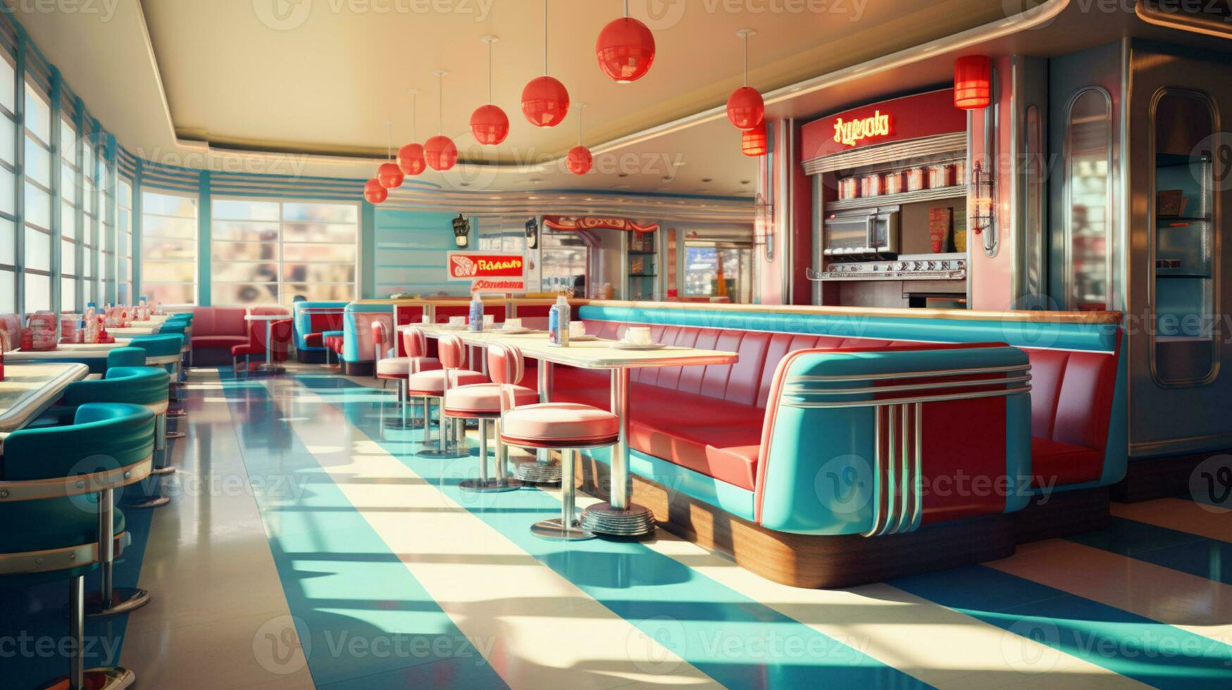 Retro vintage diner restaurant, interior design, stylish old fashioned design concept, AI Generative photo