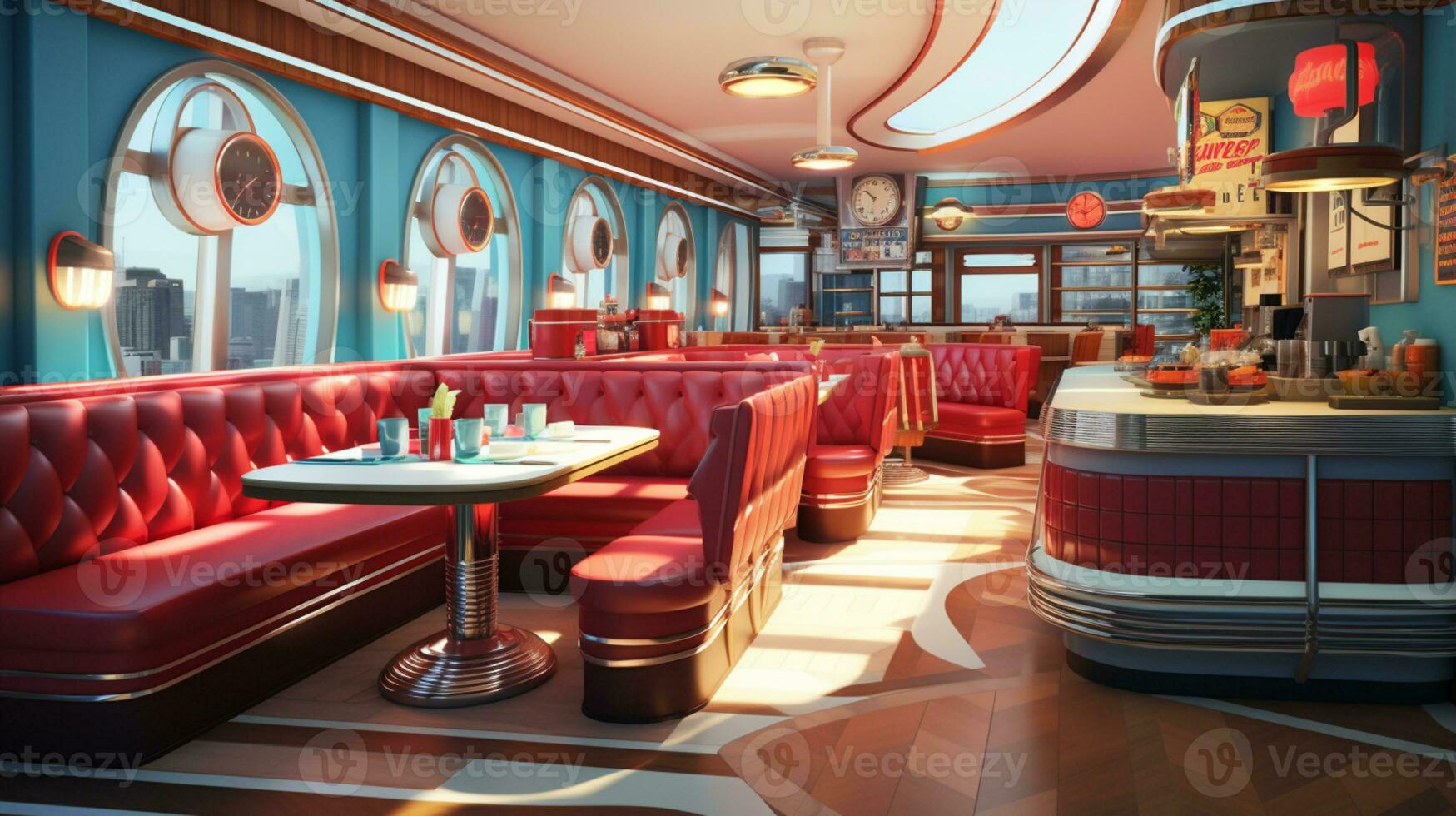 Retro vintage diner restaurant, interior design, stylish old fashioned design concept, AI Generative photo