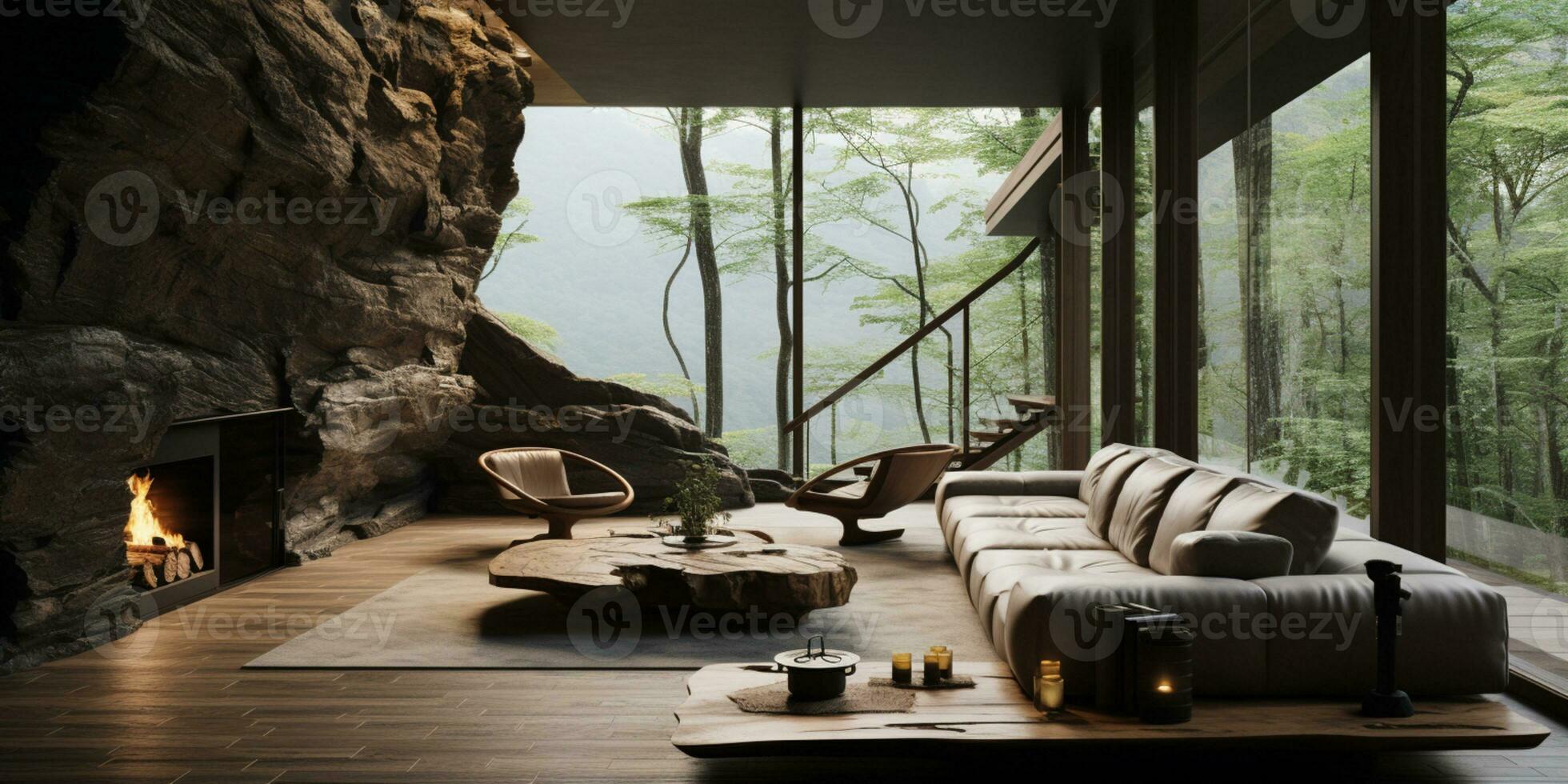 interior diseño, vivo habitación con sereno naturaleza vista, hermosa mansión diseño en el bosque, ai generativo foto