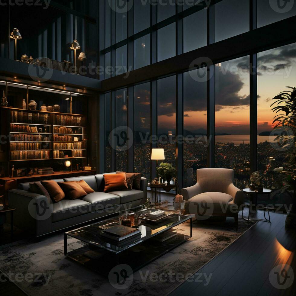 Interior Design modern Living room, windows show stunning view of the city skyline, Empty room apartment, AI Generative photo