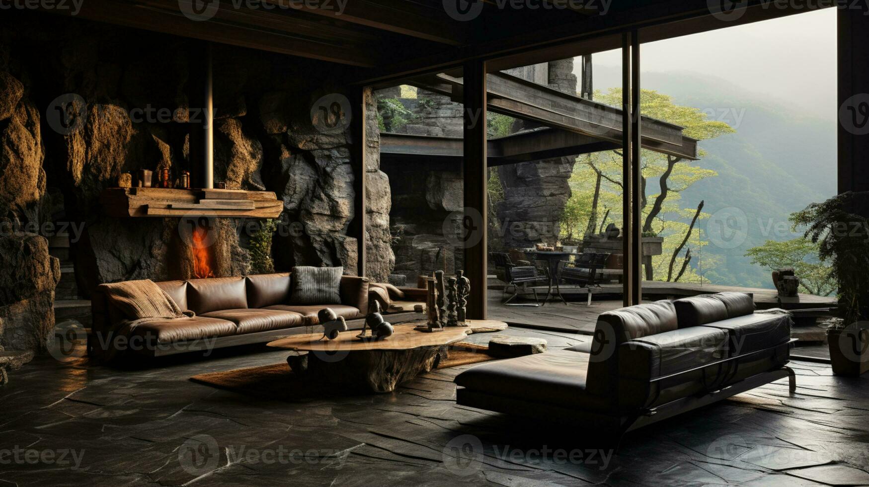 Interior Design, Living room with serene nature view, Beautiful mansion design in the forest, AI Generative photo