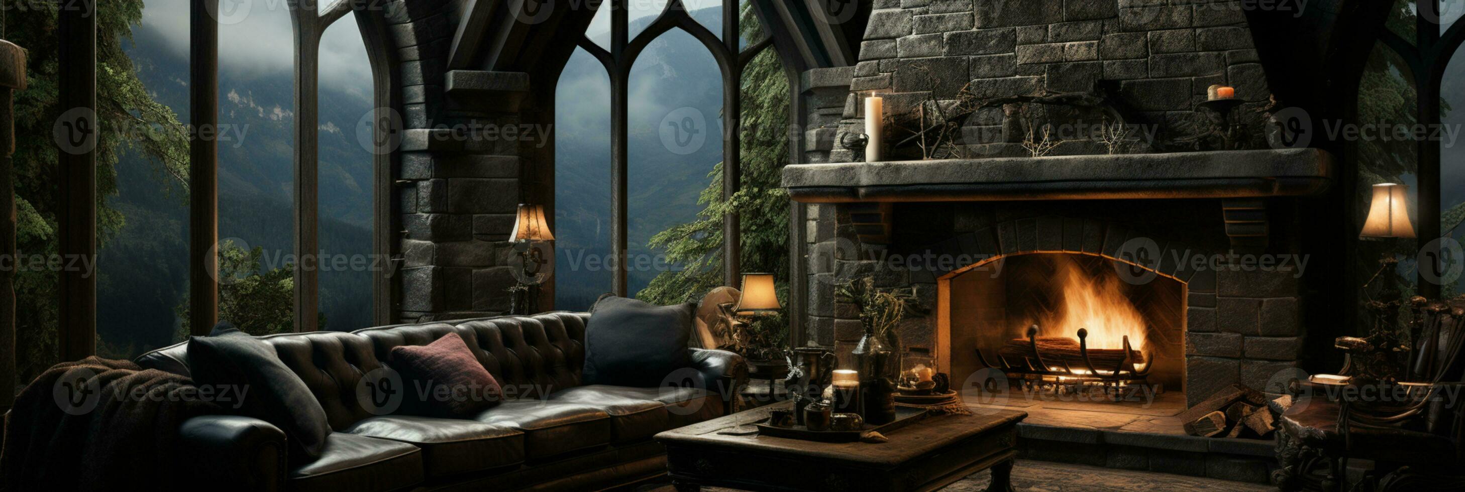 Interior Design, Beautiful Living room Gothic Style, Luxury Mansion, Elegant tall window, AI Generative photo