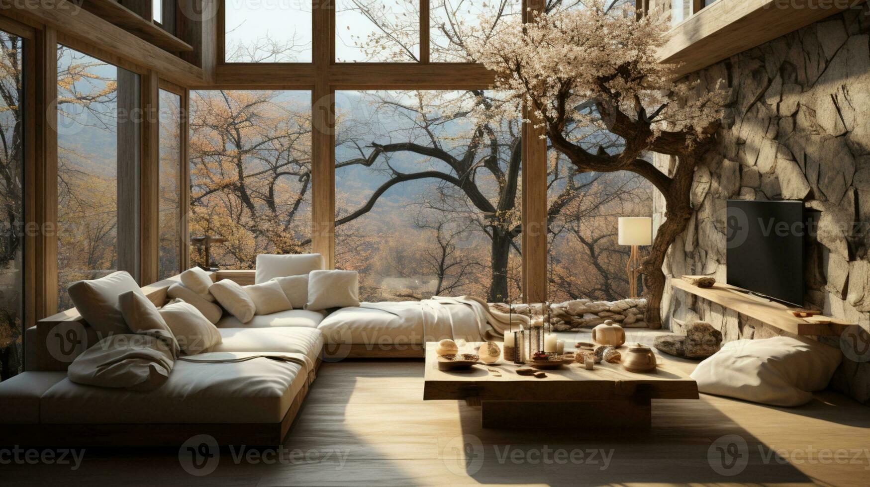 Interior Design, Minimalistic Living room with serene nature view, Beautiful villa design in the forest, AI Generative photo