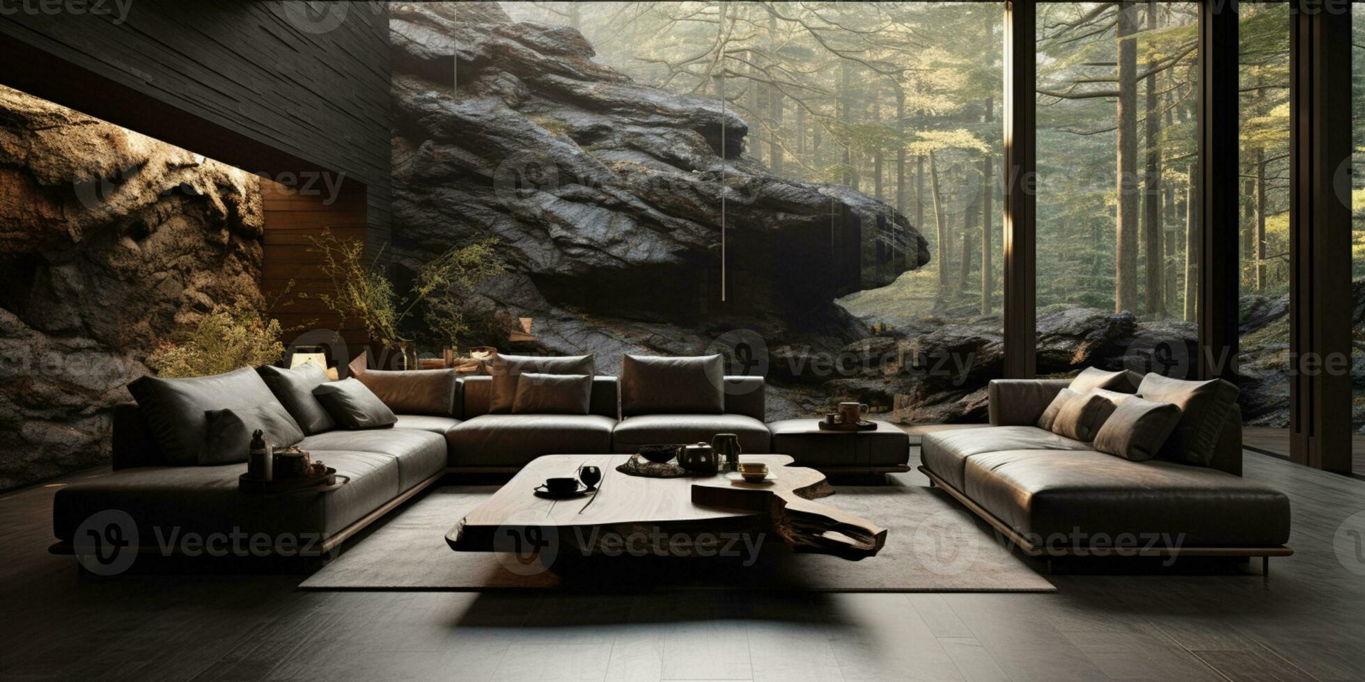 Interior Design, Living room with serene nature view, Beautiful mansion design in the forest, AI Generative photo