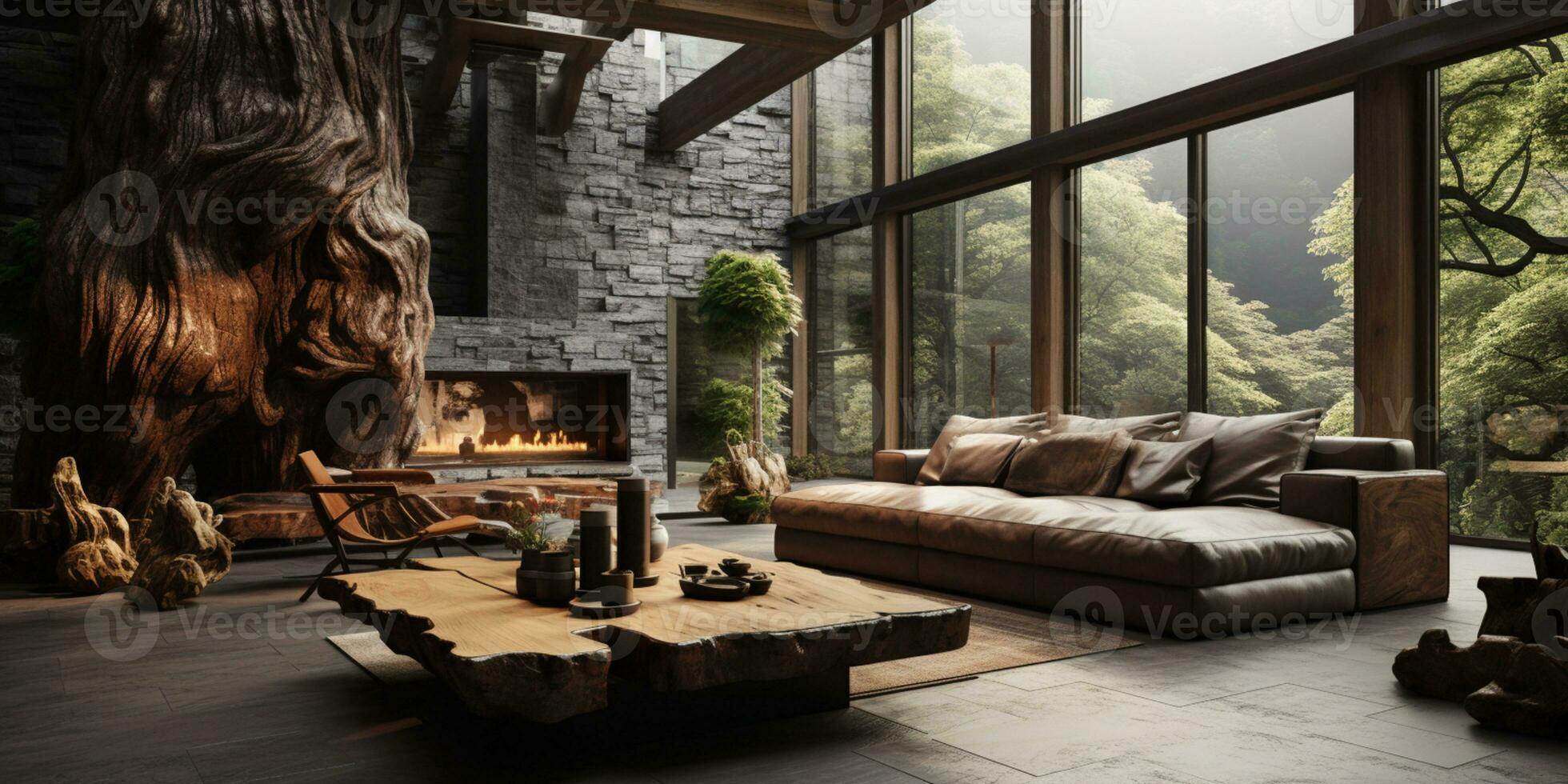 Interior Design, Living room with serene nature view, Beautiful mansion design in the forest, AI Generative photo