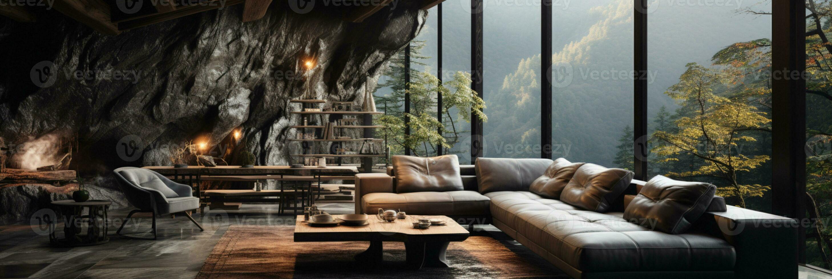 Interior Design, Living room with serene nature view, Beautiful mansion design in the forest, AI Generative photo
