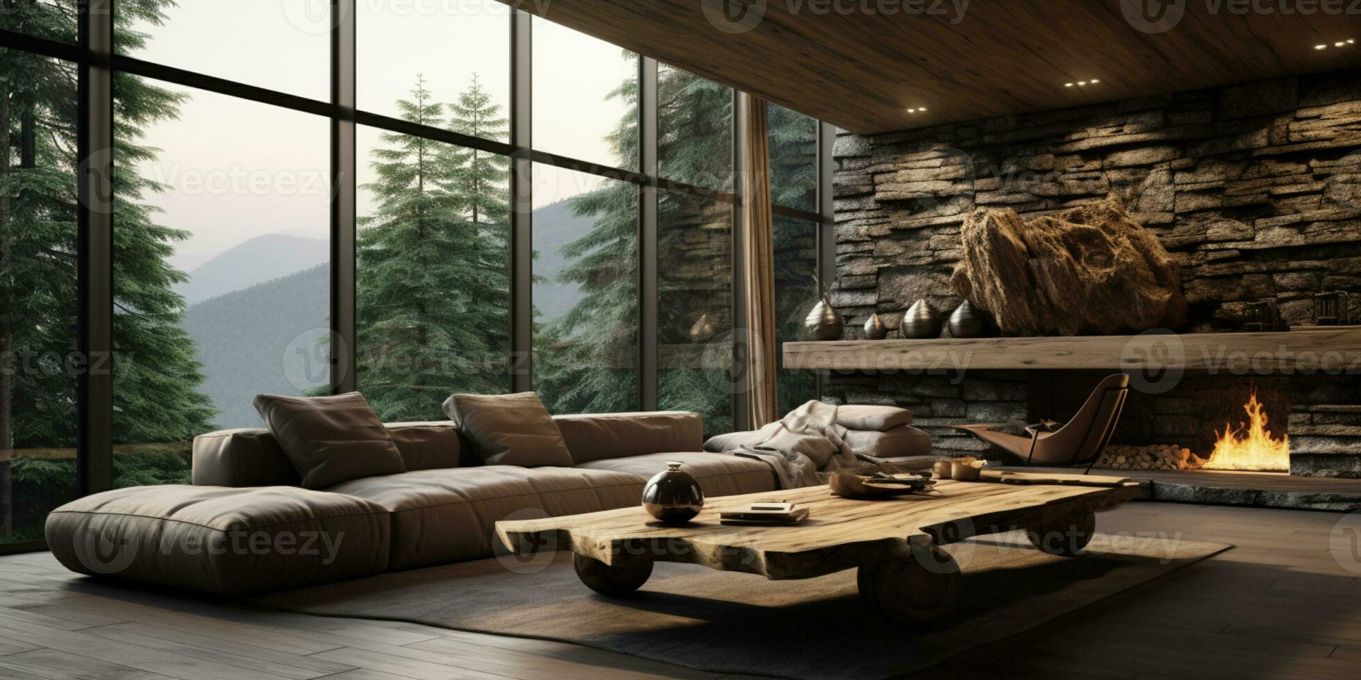 Interior Design, Living room with serene nature view, Beautiful mansion design in the forest, AI Generative photo