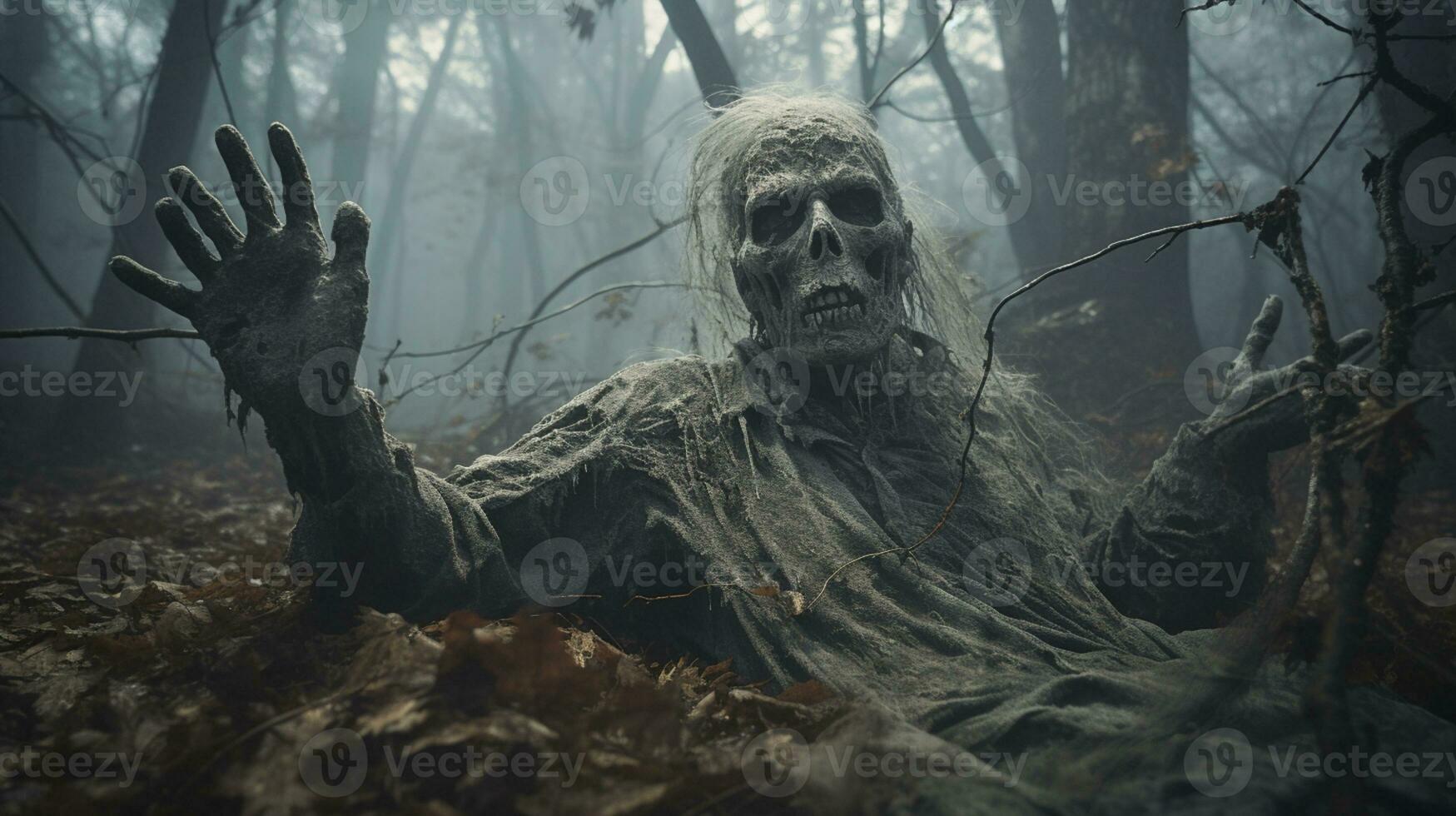 Ghost scenery Halloween background, Zombie Apocalypse, scary haunted cemetery, AI Generative photo