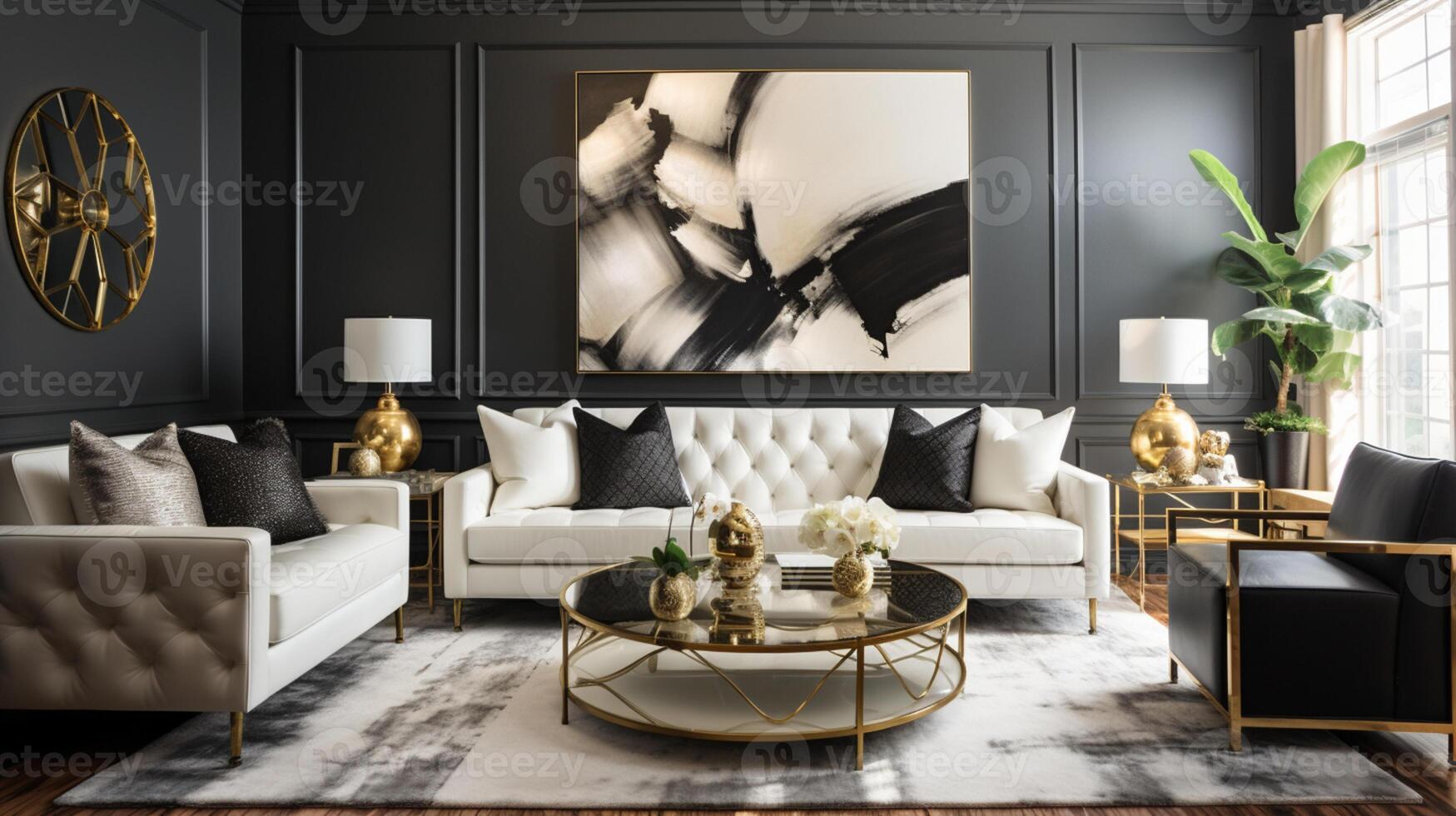 Luxurious furnished Living room, spacious cozy sofa, black and white monochrome palette, elegant interior design, AI Generative photo