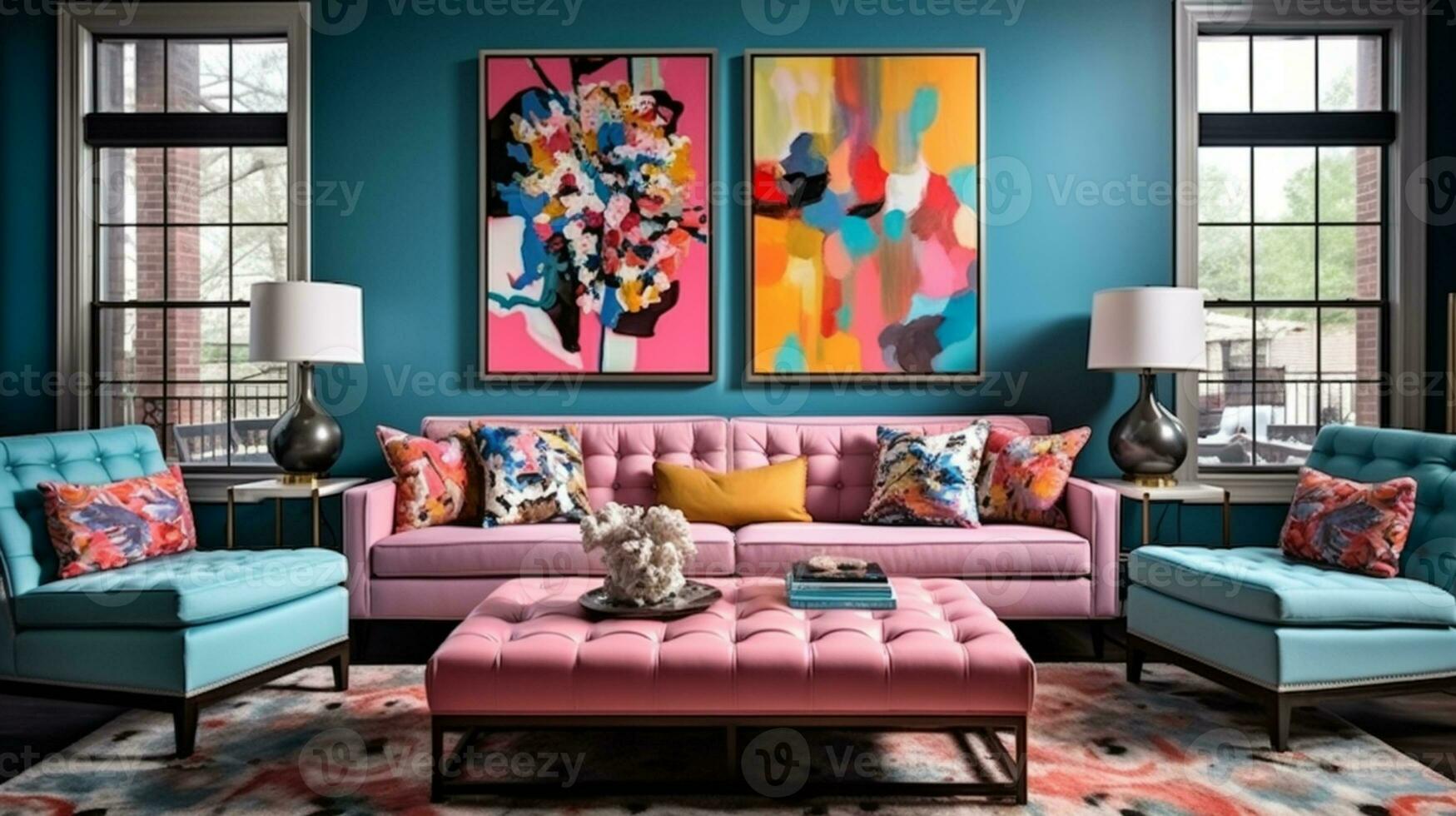 Furnished Modern Living room, bright blue and pink color palette, interior design, AI Generative photo