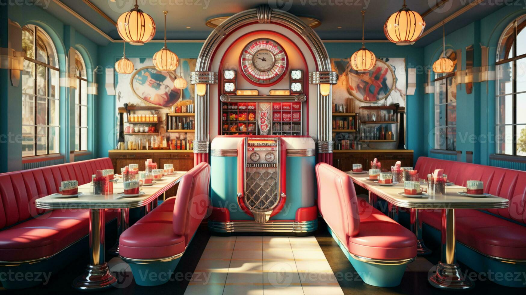 Retro vintage diner restaurant, interior design, stylish old fashioned design concept, AI Generative photo