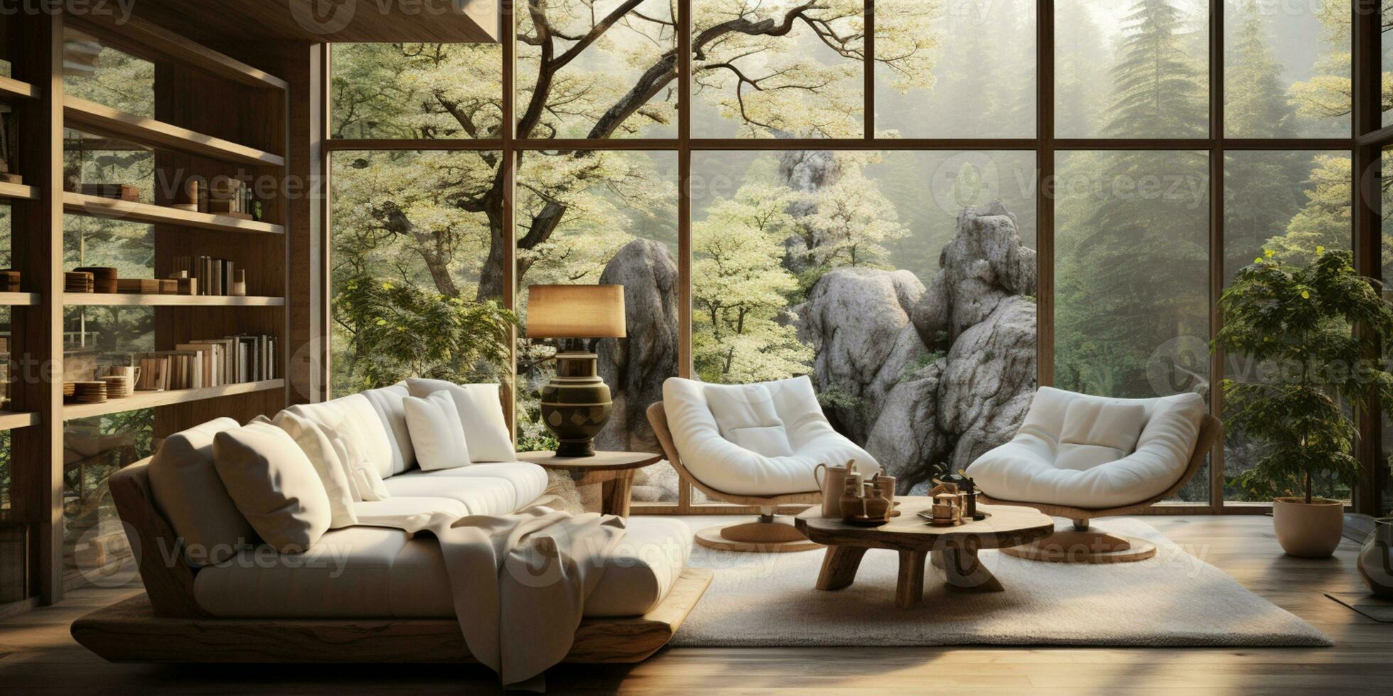 Interior Design, Minimalistic Living room with serene nature view, Beautiful villa design in the forest, AI Generative photo