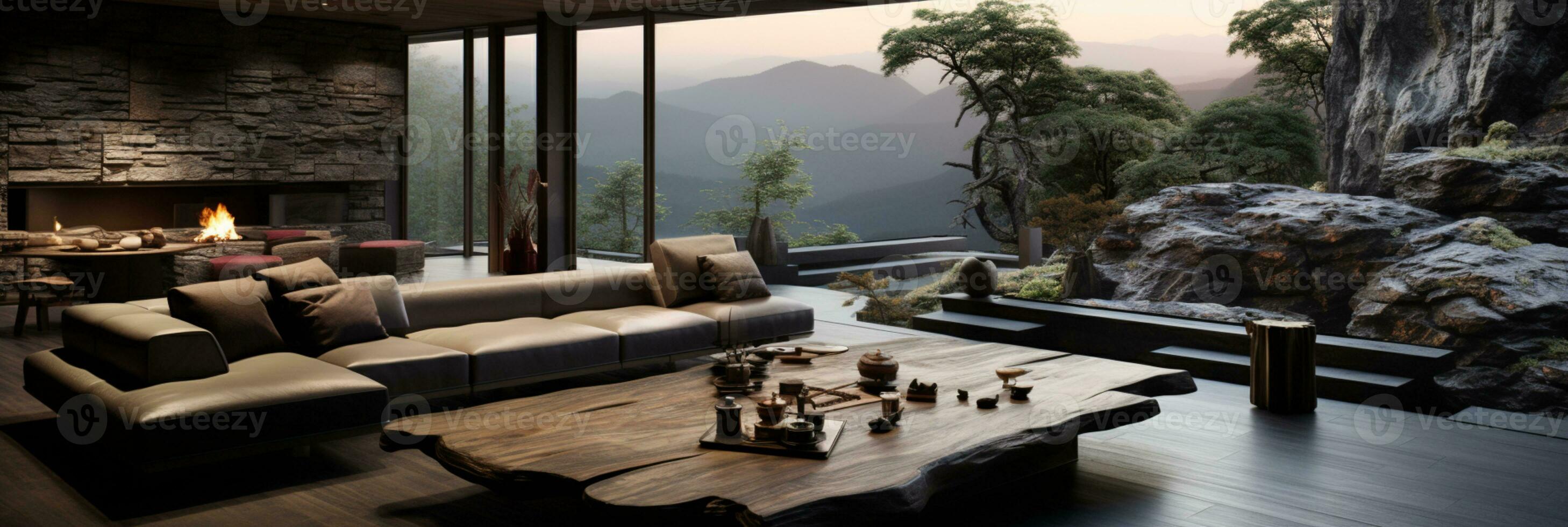 Interior Design, Living room with serene nature view, Beautiful mansion design in the forest, AI Generative photo