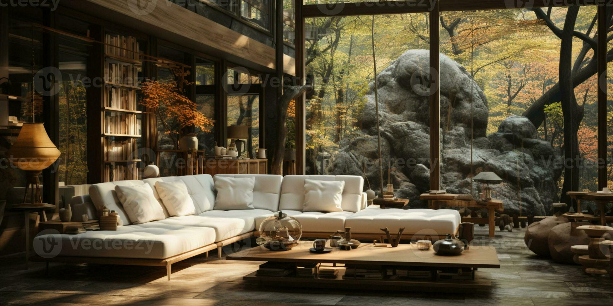 Interior Design, Minimalistic Living room with serene nature view, Beautiful villa design in the forest, AI Generative photo