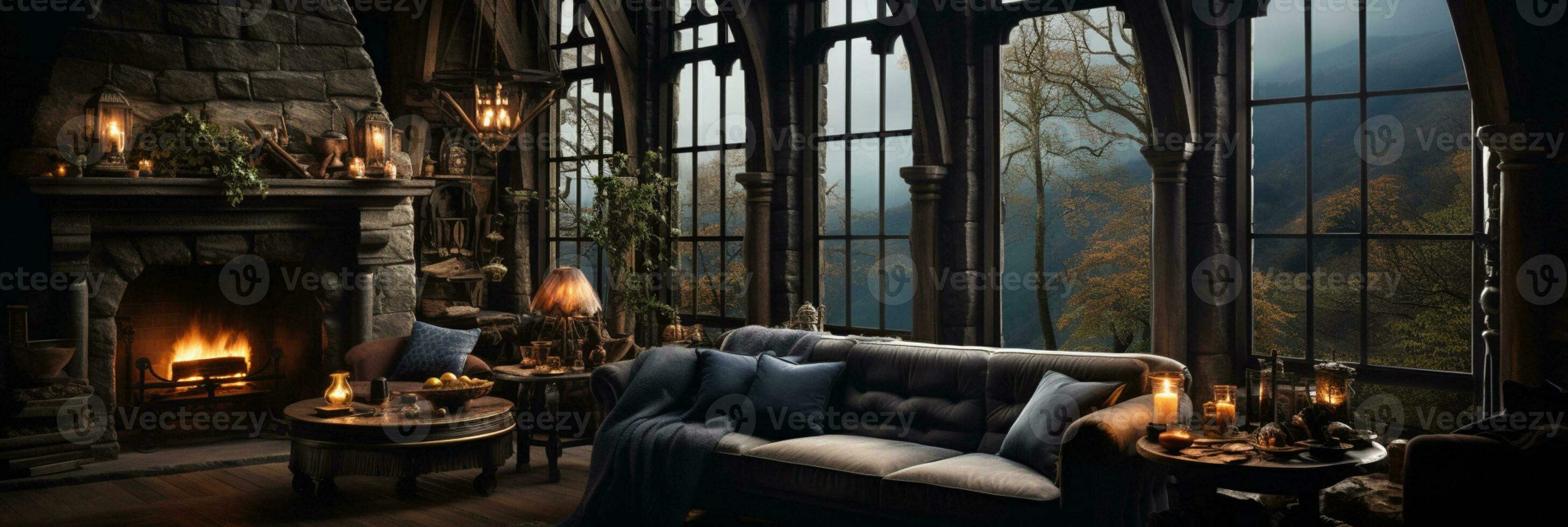 Interior Design, Beautiful Living room Gothic Style, Luxury Mansion, Elegant tall window, AI Generative photo