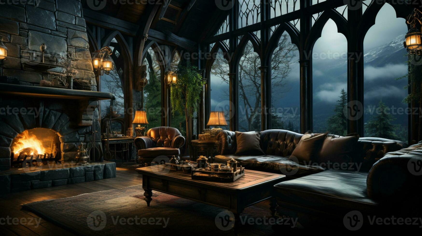 Interior Design, Beautiful Living room Gothic Style, Luxury Mansion, Elegant tall window, AI Generative photo
