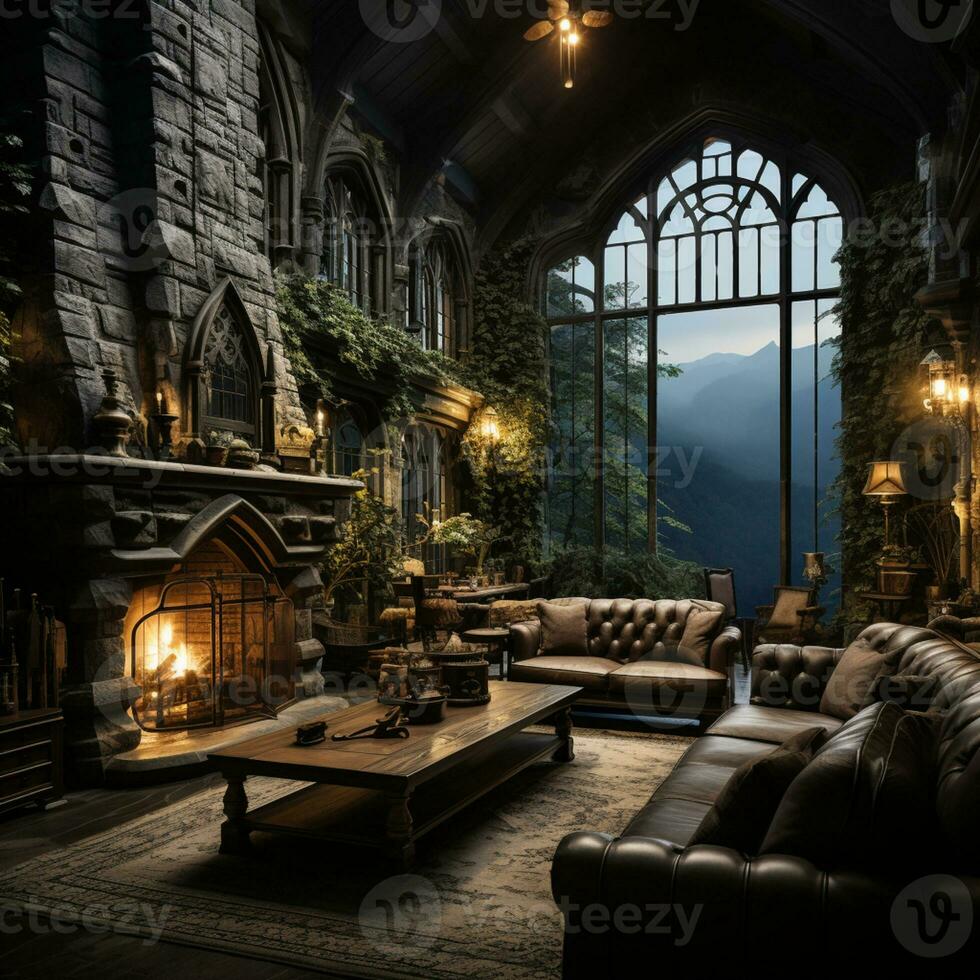 Interior Design, Beautiful Living room Gothic Style, Luxury Mansion, Elegant tall window, AI Generative photo