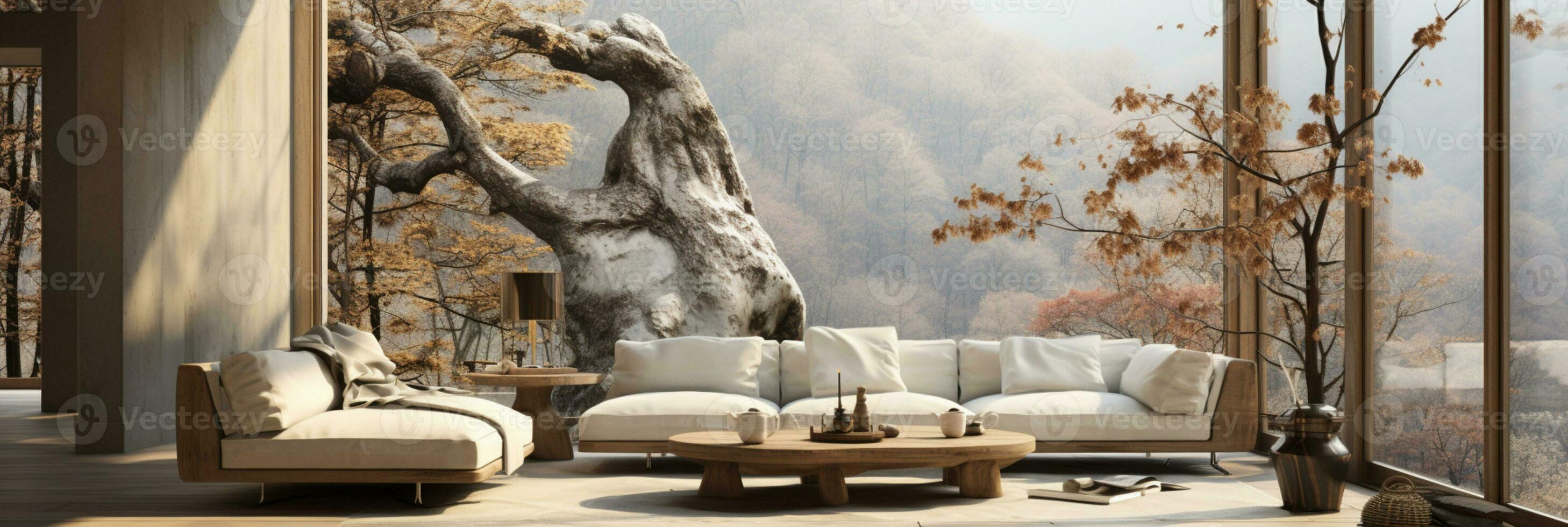 Interior Design, Minimalistic Living room with serene nature view, Beautiful villa design in the forest, AI Generative photo