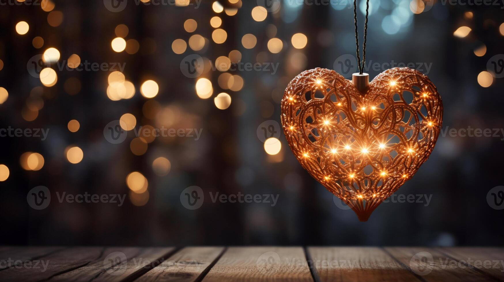 Sparkle Glowing Heart reflected lights, orange and gold, captivating visual, Romantic scenery, dreamy, copy space, greeting card, AI Generative photo