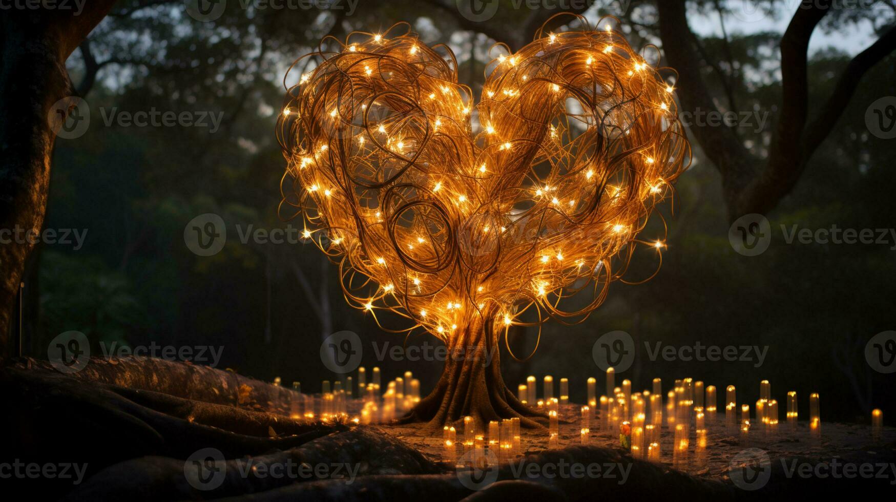 Sparkle Glowing Heart reflected lights, orange and gold, captivating visual, Romantic scenery, dreamy, copy space, greeting card, AI Generative photo