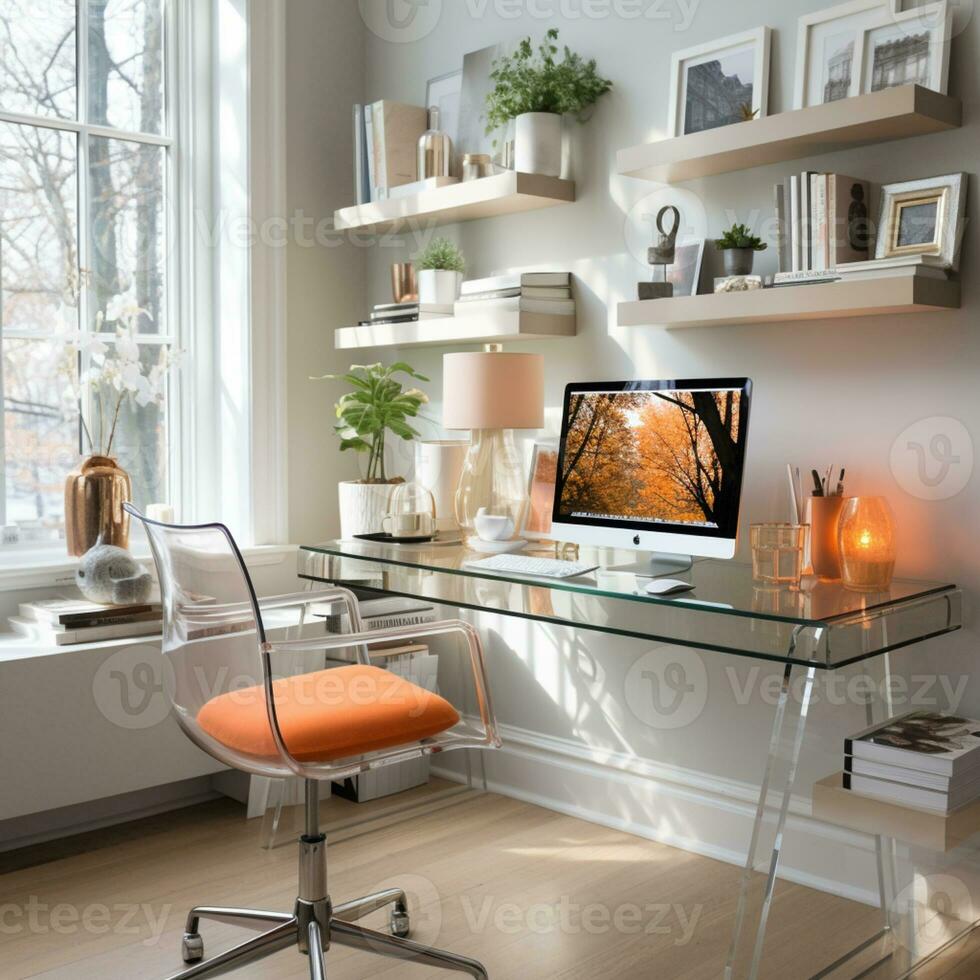 Contemporary furnished home office, comfortable office, workspace with desk and chair, stylish interior design, AI Generative photo