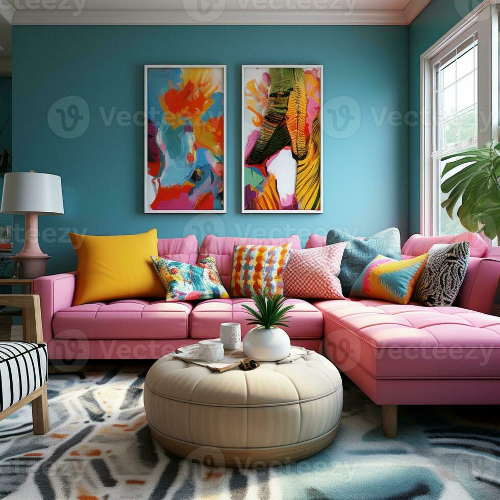 amueblado moderno vivo habitación, brillante azul y rosado color paleta, interior diseño, ai generativo foto