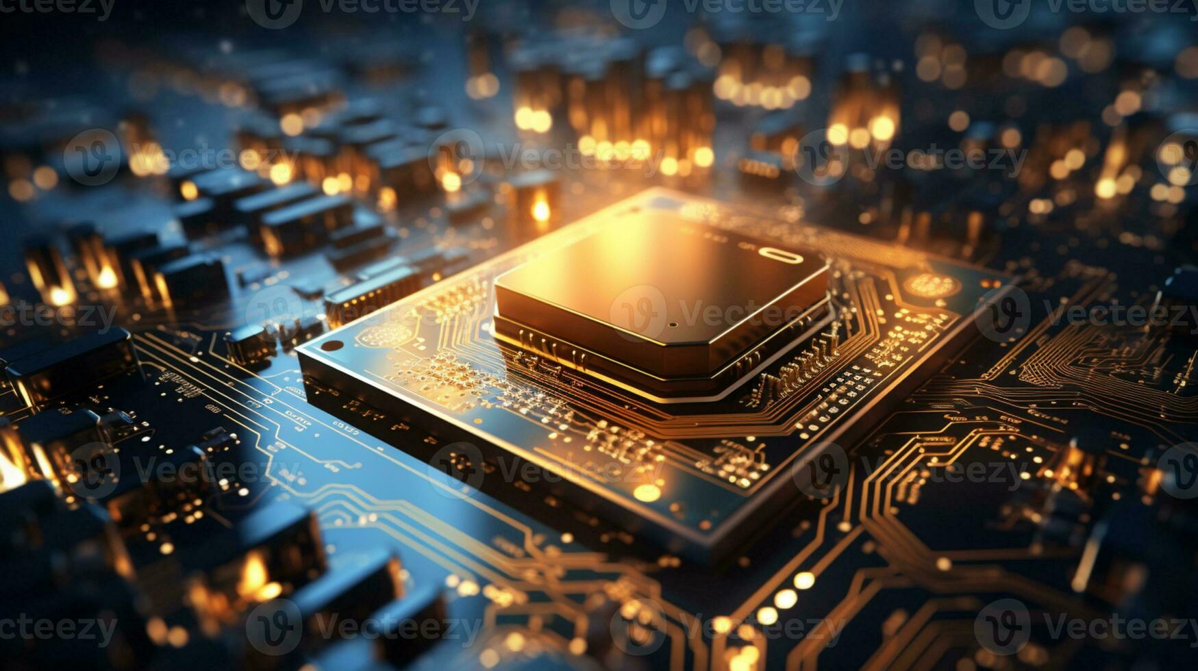 High-tech Computer chip close up shot, production of electronic, circuit board, futuristic design, extreme detail, AI Generative photo