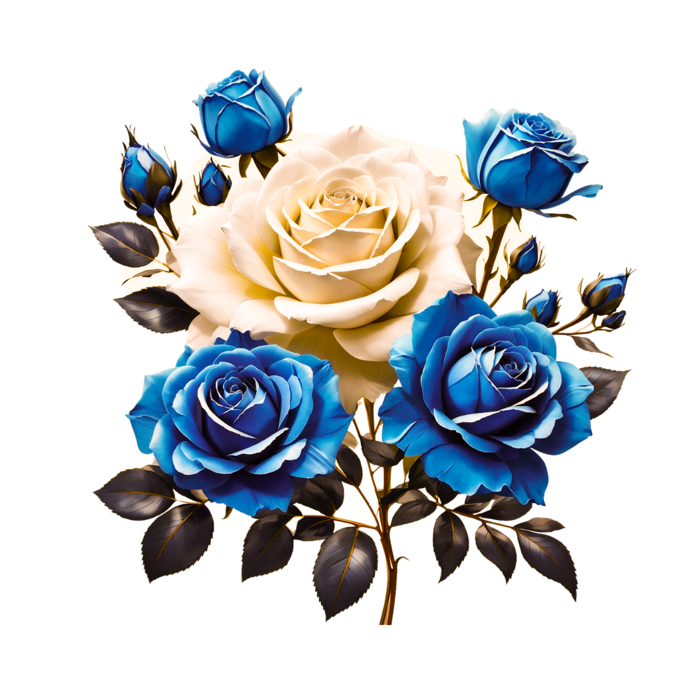 Blue Rose Flower And Watercolor Leaf Elements free PNG AI Generated