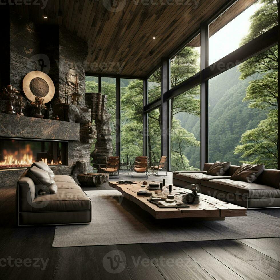 Interior Design, Living room with serene nature view, Beautiful mansion design in the forest, AI Generative photo
