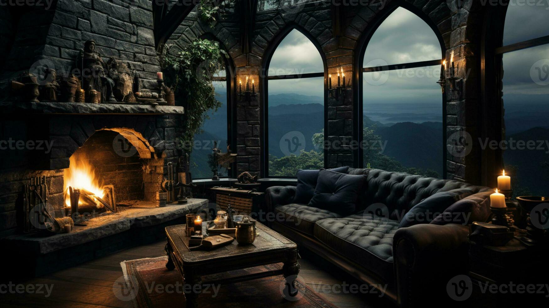 Interior Design, Beautiful Living room Gothic Style, Luxury Mansion, Elegant tall window, AI Generative photo