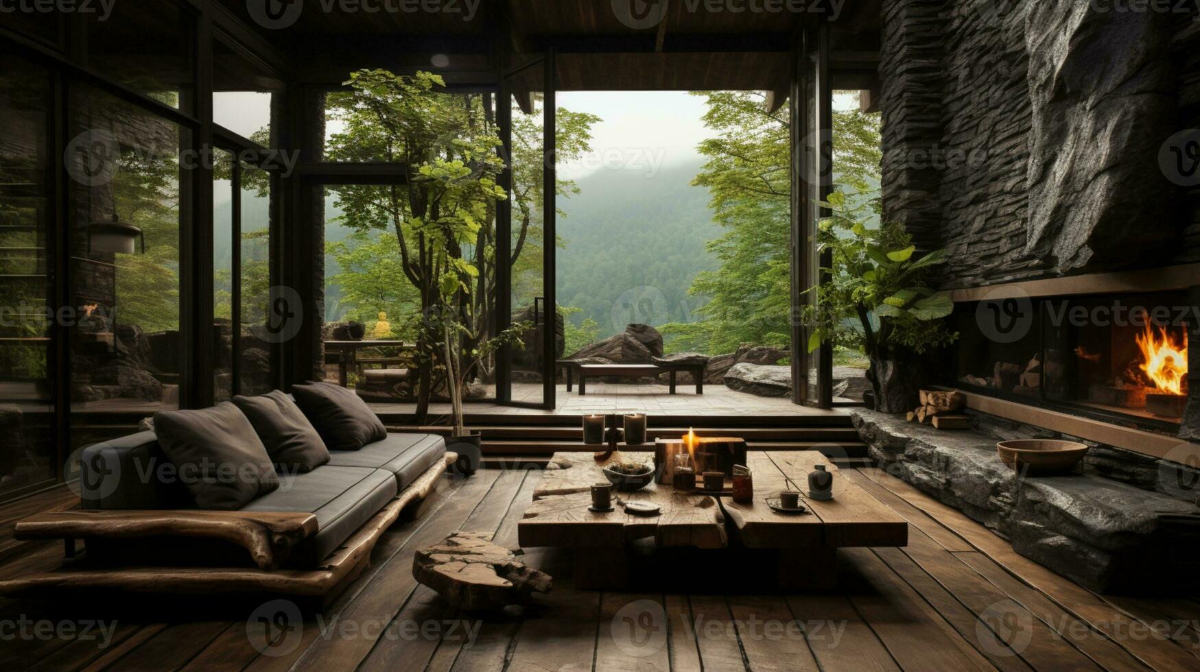 Interior Design, Living room with serene nature view, Beautiful mansion design in the forest, AI Generative photo