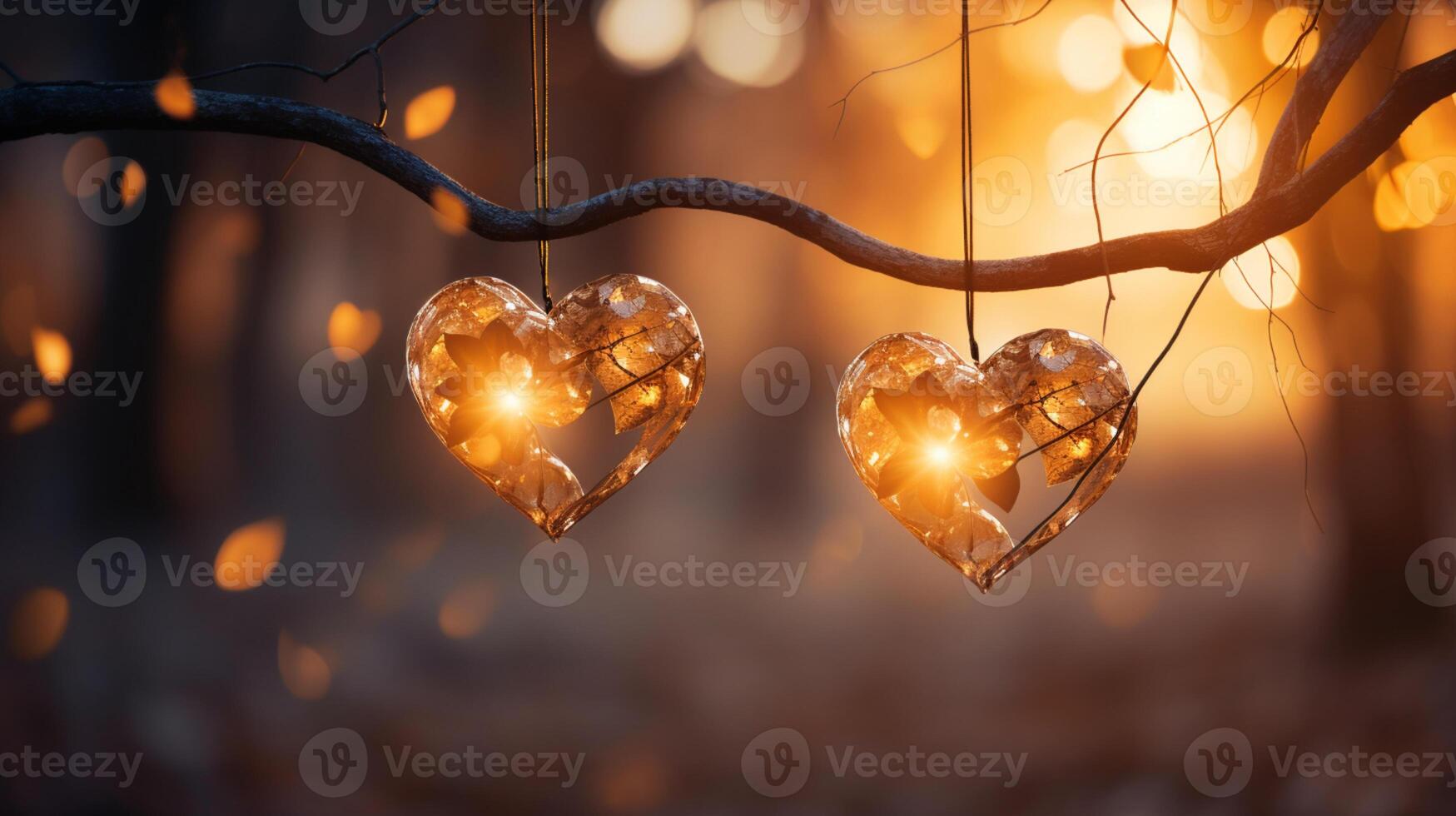 Sparkle Glowing Heart reflected lights, orange and gold, captivating visual, Romantic scenery, dreamy, copy space, greeting card, AI Generative photo