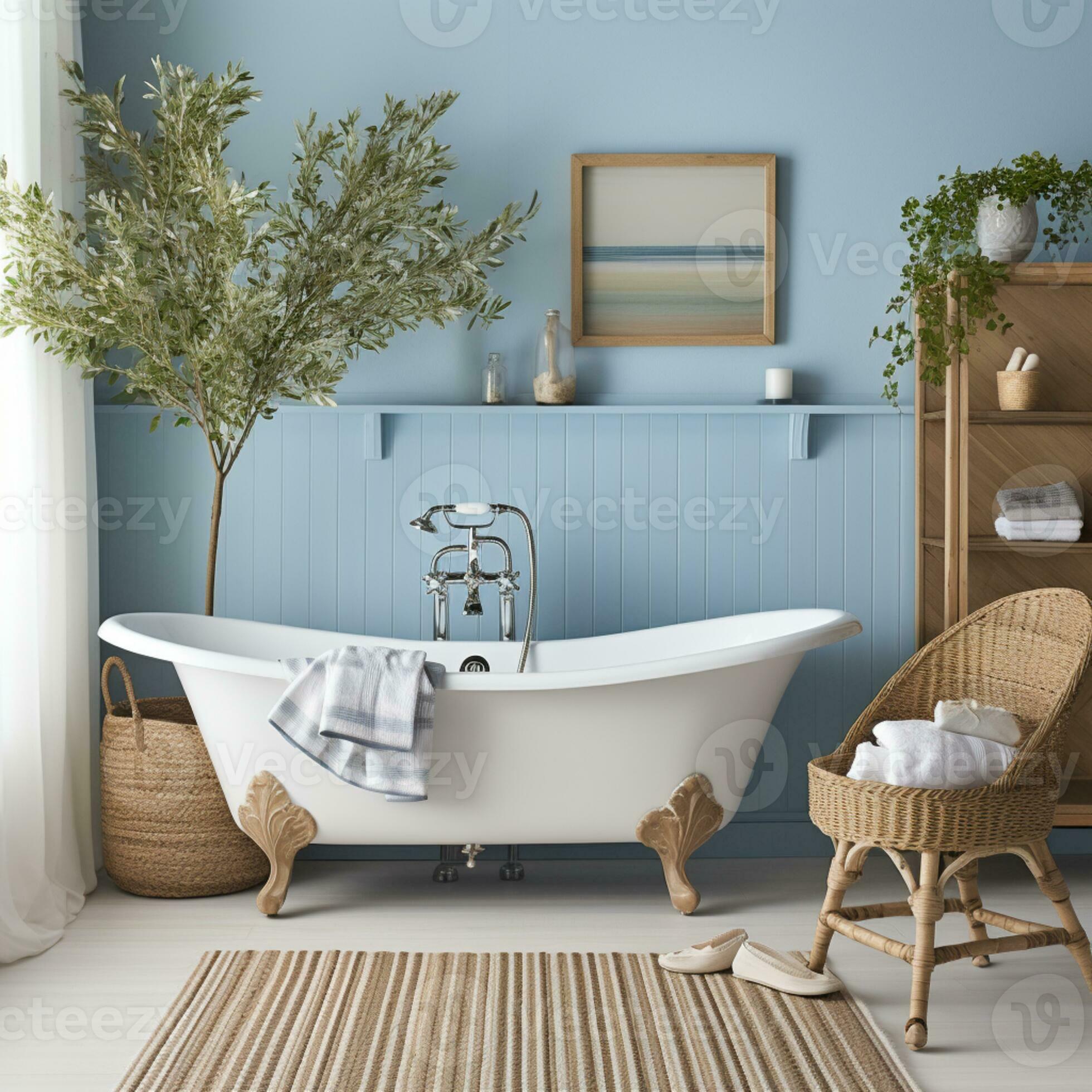 serenidad en blanco, bañera felicidad y natural adornos en baño decoración.  generativo ai 30761089 Foto de stock en Vecteezy