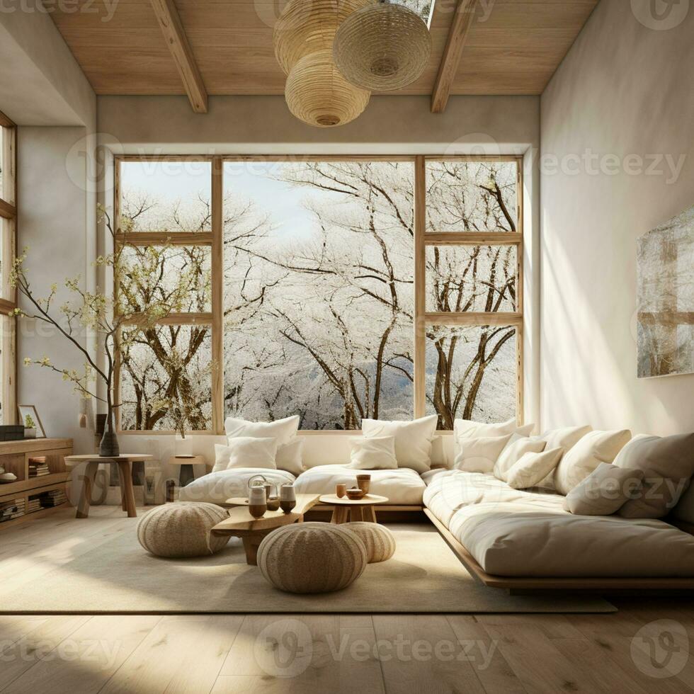 Interior Design, Minimalistic Living room with serene nature view, Beautiful villa design in the forest, AI Generative photo