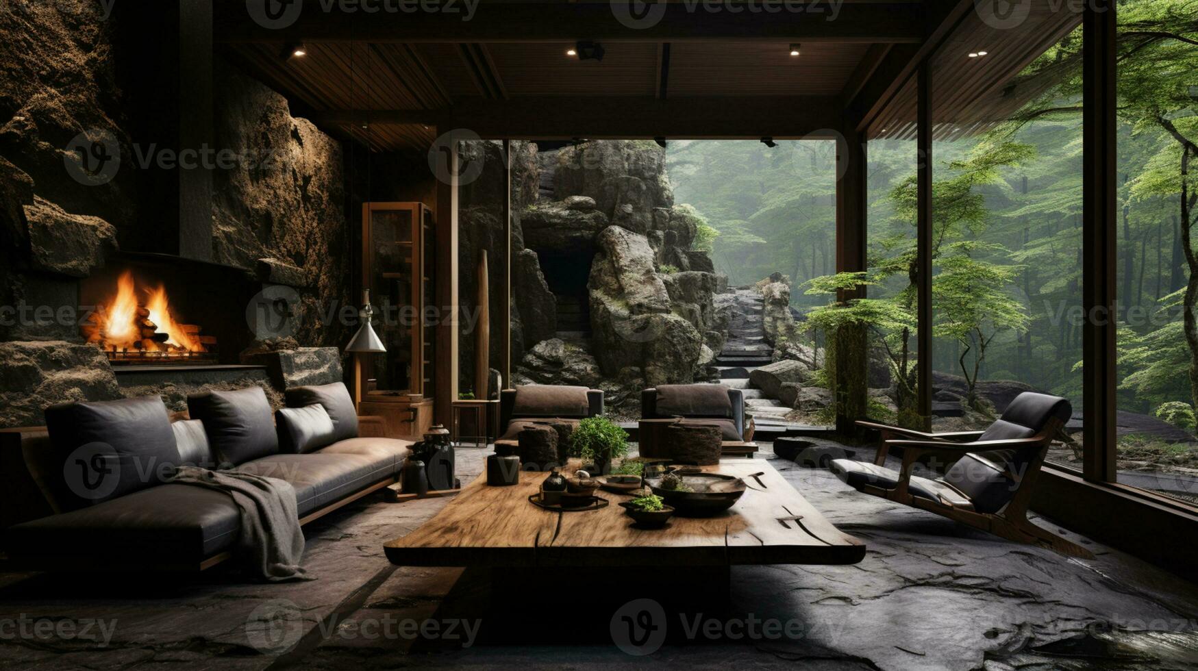Interior Design, Living room with serene nature view, Beautiful mansion design in the forest, AI Generative photo