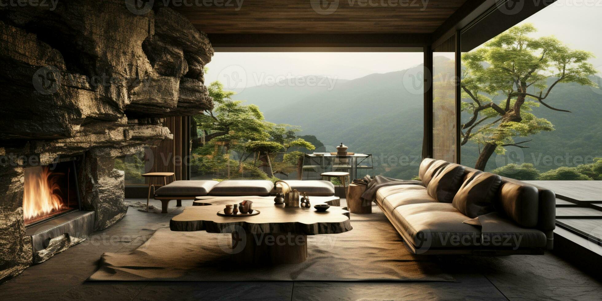 Interior Design, Living room with serene nature view, Beautiful mansion design in the forest, AI Generative photo
