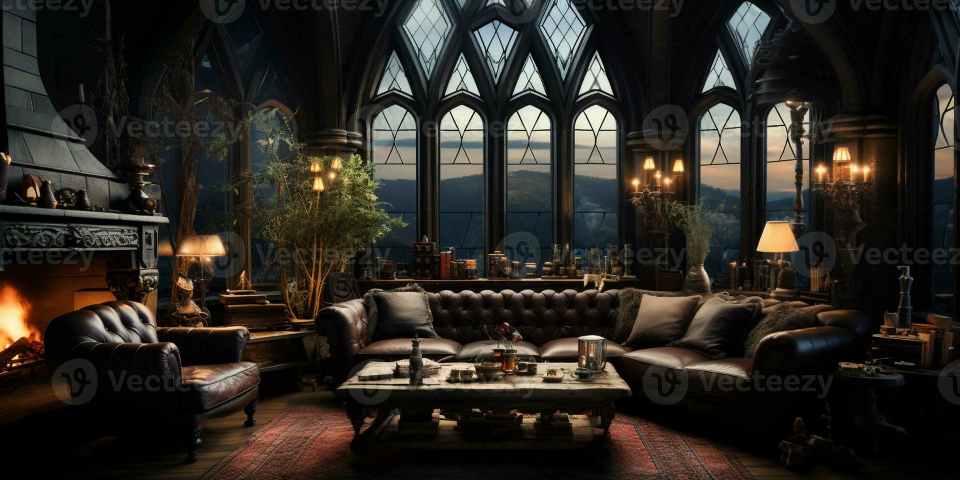 Interior Design, Beautiful Living room Gothic Style, Luxury Mansion, Elegant tall window, AI Generative photo