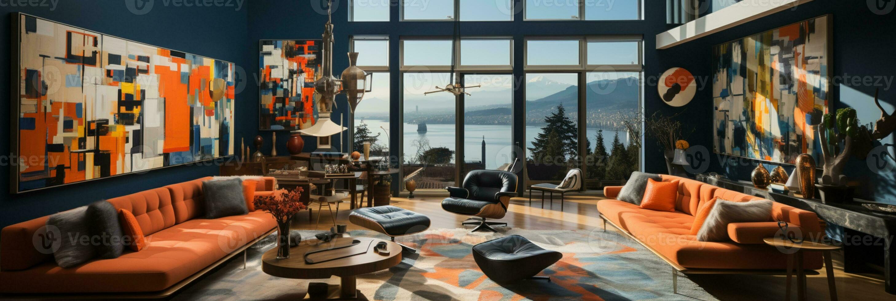 Interior Design modern Living room, windows show stunning view of the city skyline, Apartment room, AI Generative photo