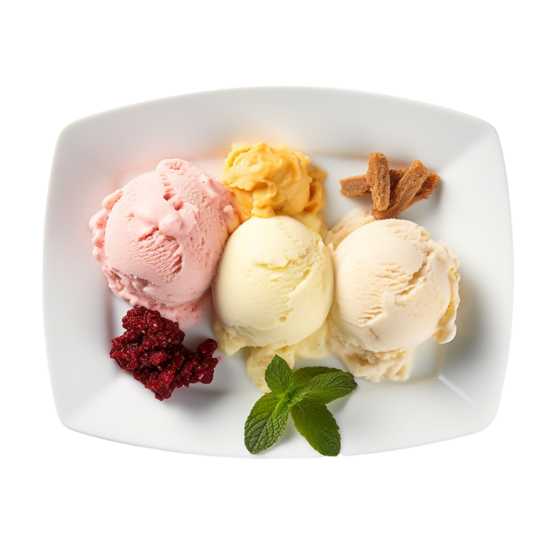 Four scoops of different flavour ice cream on a plate. AI Generative