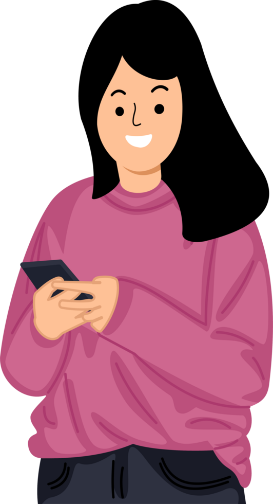 young woman holding mobile phone looking at smartphone and typing message png