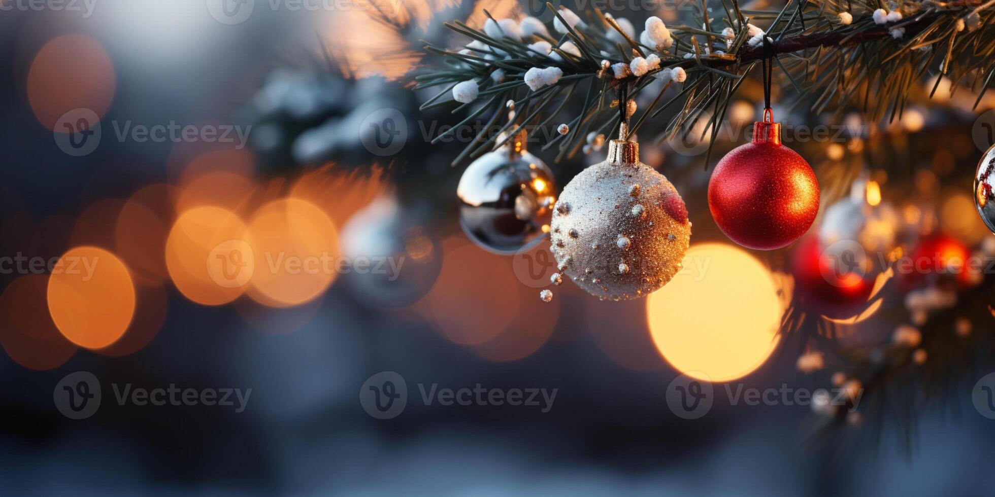 Close up of lighted Christmas tree Ornament, winter holidays decoration, copy Space, greeting card, AI Generative photo