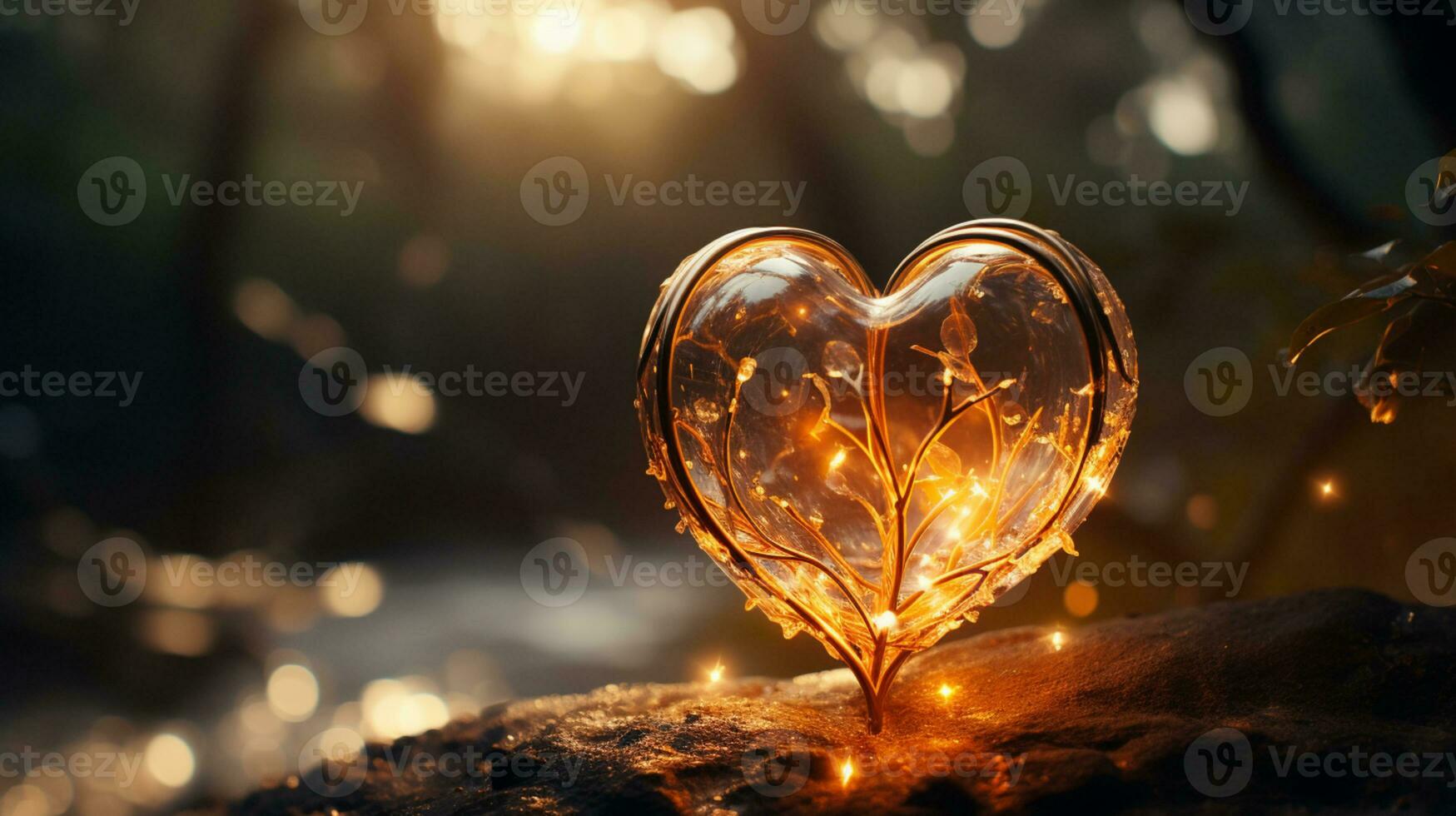 Sparkle Glowing Heart reflected lights, orange and gold, captivating visual, Romantic scenery, dreamy, copy space, greeting card, AI Generative photo